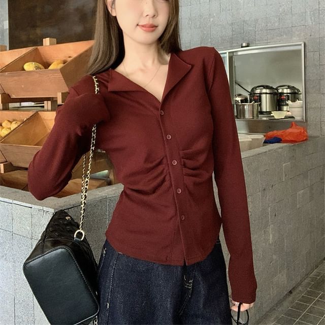 Striinkie-Long-Sleeve Button-Up Plain Shirt