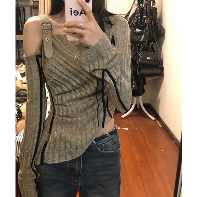 Striinkie-Long-Sleeve Cold Shoulder Plain Ribbed Knit Top