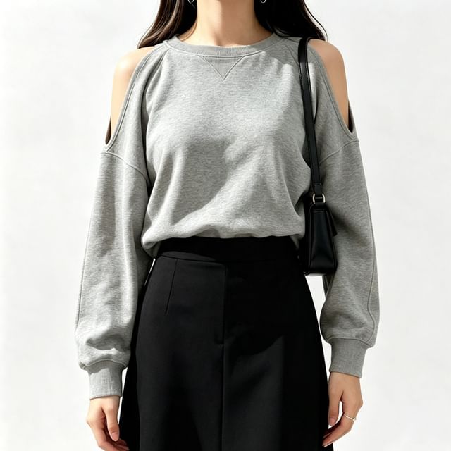 Striinkie-Long-Sleeve Cold-Shoulder Plain Sweatshirt