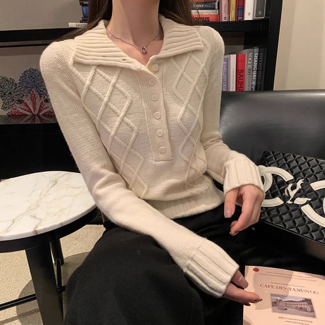 Striinkie-Long-Sleeve Collared Half-Buttoned Plain Cable Knit Crop Top