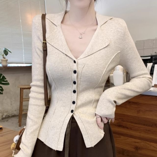 Striinkie-Long Sleeve Collared Plain Button Knit Top