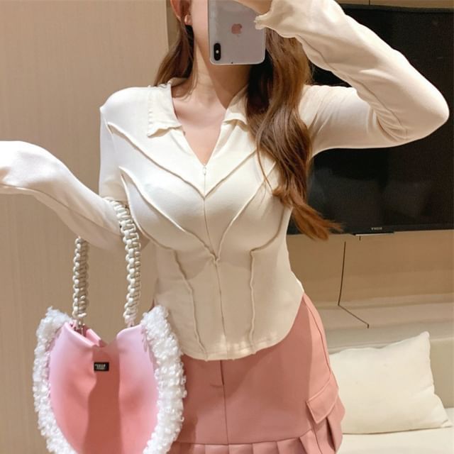 Striinkie-Long-Sleeve Collared Plain Crop Top