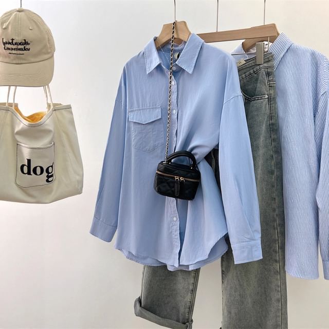 Striinkie-Long Sleeve Collared Plain Flap Pocket Shirt