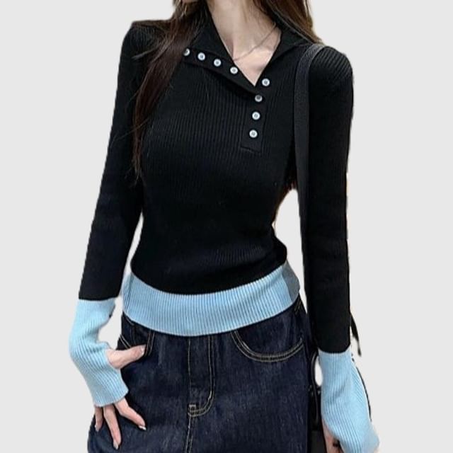 Striinkie-Long-Sleeve Collared Two Tone Henley Knit Top