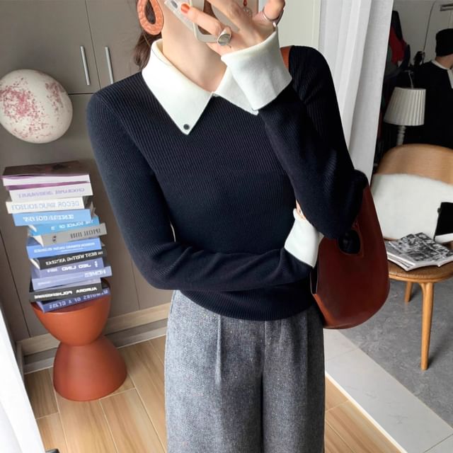 Striinkie-Long-Sleeve Collared Two Tone Ribbed Knit Top