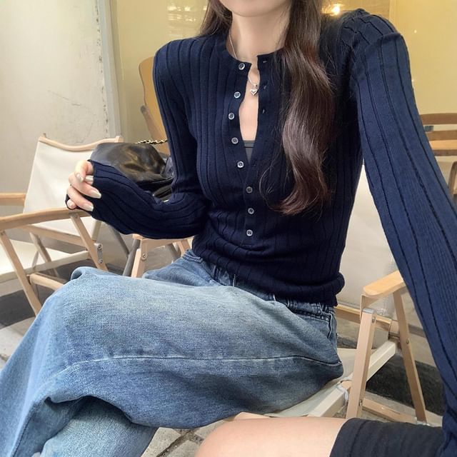 Striinkie-Long Sleeve Half-Button Plain Ribbed-Knit Top
