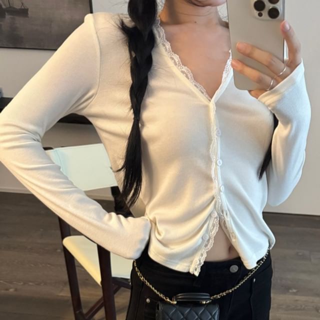 Striinkie-Long-Sleeve Lace Trim Button-Up Plain Top