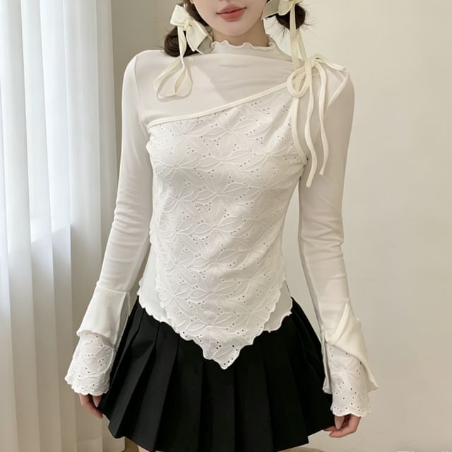 Striinkie-Long-Sleeve Mock Neck Plain Ruffle Trim Top