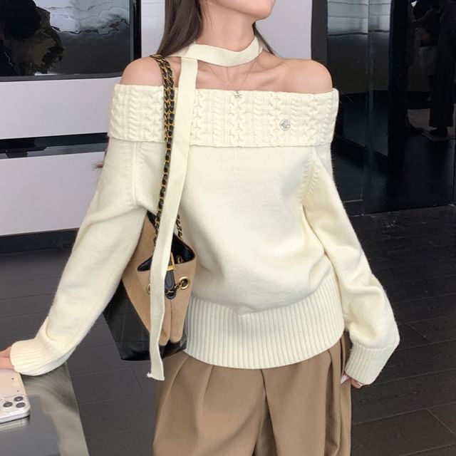 Striinkie-Long-Sleeve Off Shoulder Plain Knit Top