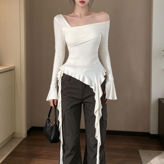 Striinkie-Long-Sleeve One Shoulder Flared Cuff Asymmetrical Ruffle Plain Top