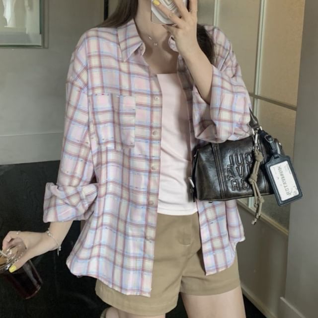 Striinkie-Long-Sleeve Plaid Button-Up Shirt