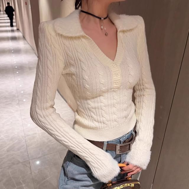 Striinkie-Long-Sleeve Plain Knit Polo Top