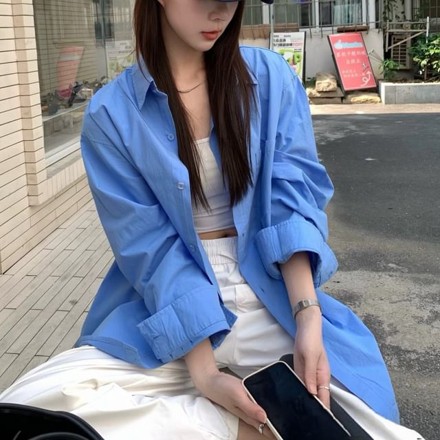 Striinkie-Long-Sleeve Plain Oversized Shirt