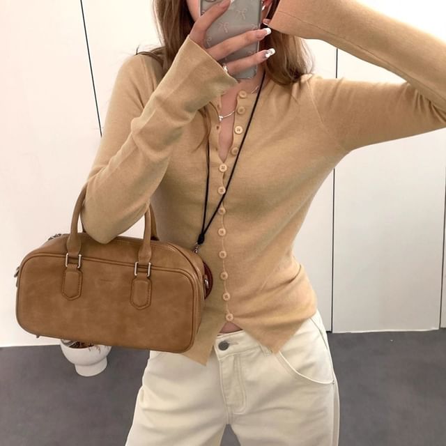 Striinkie-Long-Sleeve Round Neck Plain Button Up Knit Top