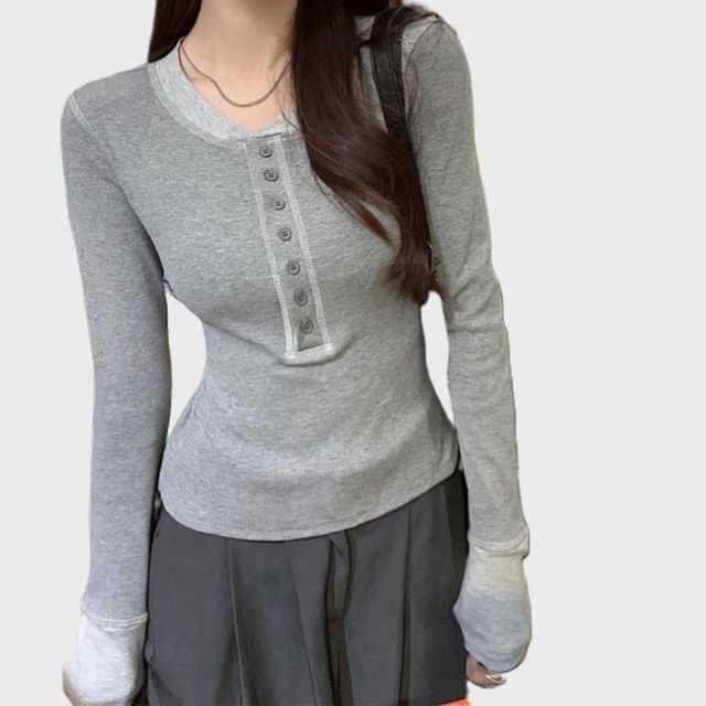 Striinkie-Long-Sleeve Round Neck Plain Henley T-Shirt