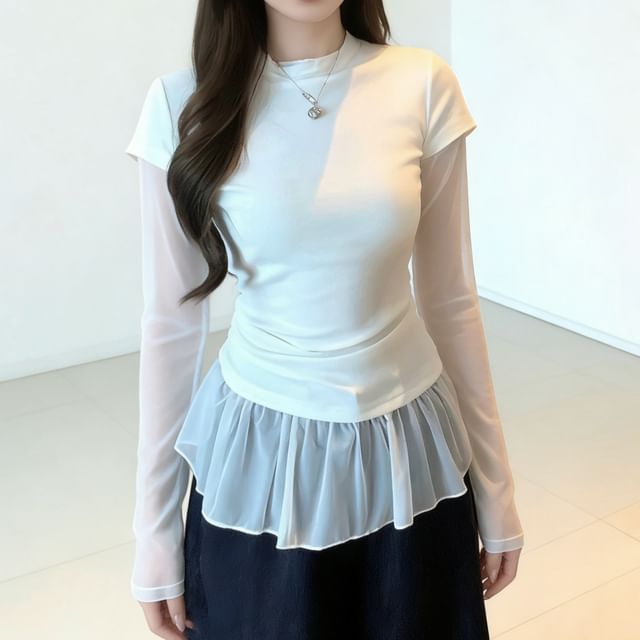 Striinkie-Long Sleeve Round Neck Ruffle Mock Two Piece Panel Mesh Top