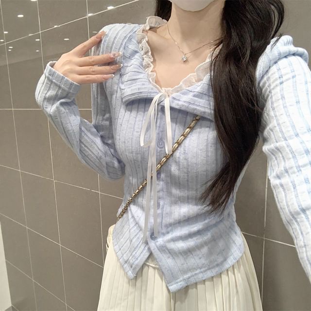 Striinkie-Long-Sleeve Split Neck Lace Panel Button-Up Slim Fit Crop Top