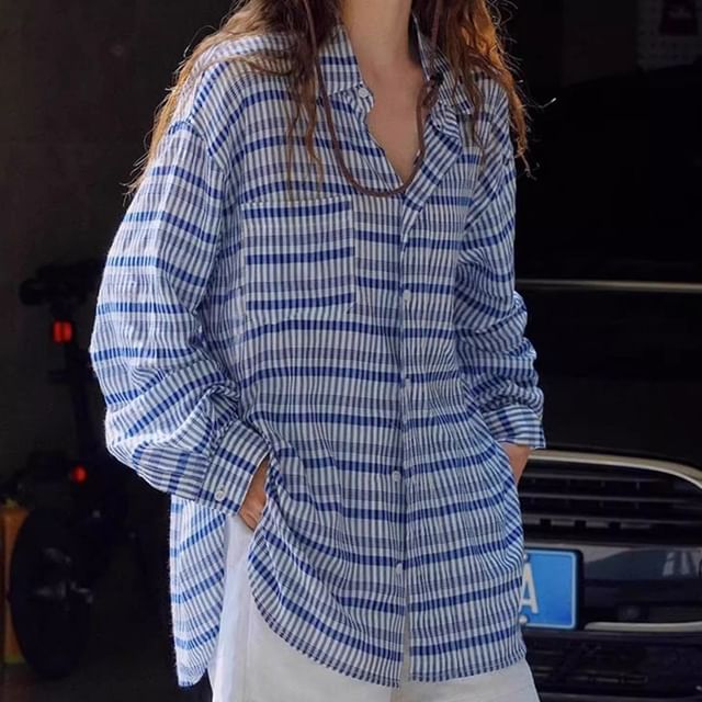 Striinkie-Long-Sleeve Striped Button-Up Sheer Shirt
