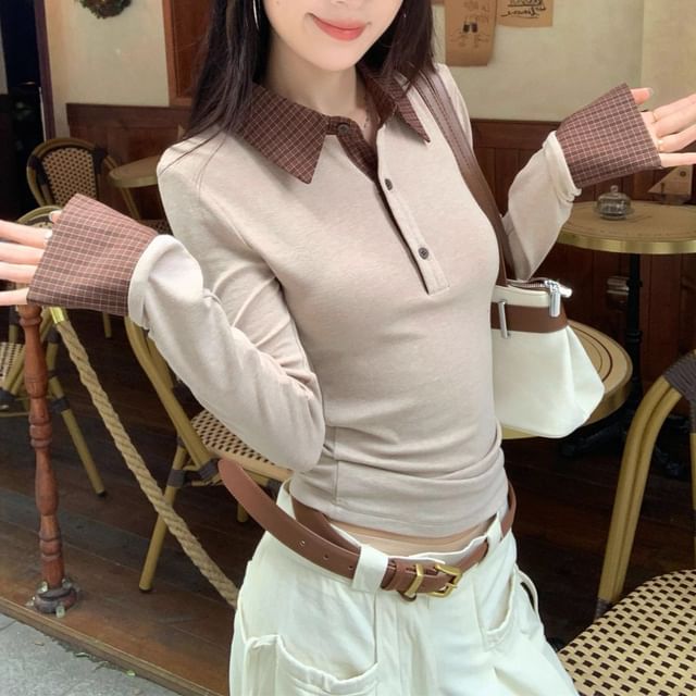 Striinkie-Long-Sleeve Two Tone Polo Top