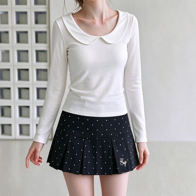 Striinkie-Long-Sleeve U-Neck Peter Pan Collar Plain Top