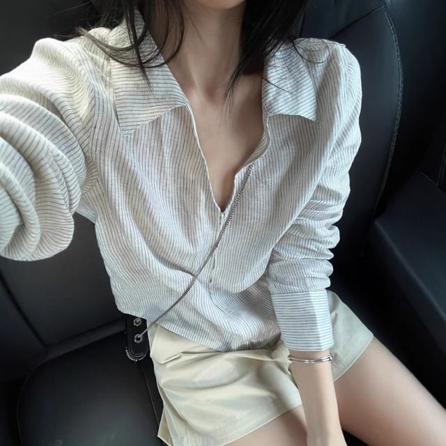 Striinkie-Long-Sleeve V-Neck Collared Striped Zip-Up Blouse