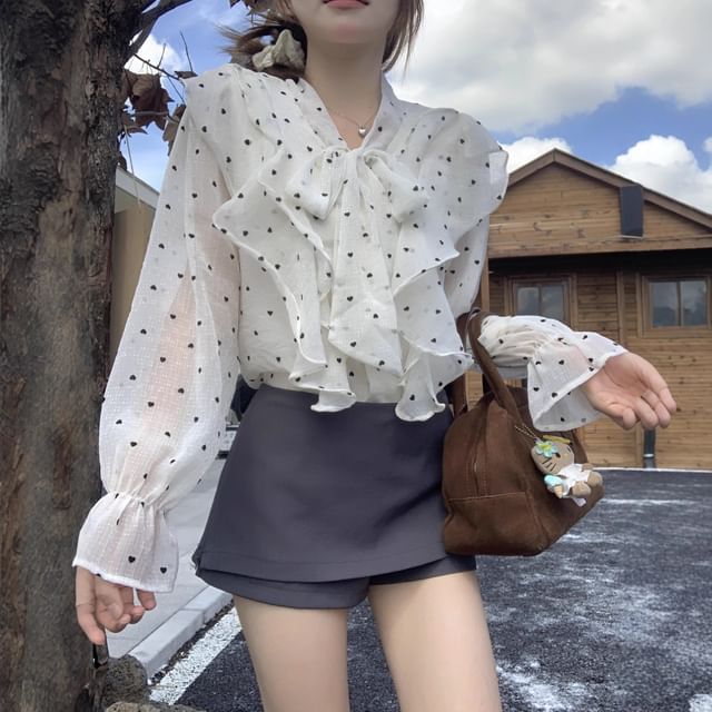 Striinkie-Long-Sleeve V-Neck Ruffle Dotted Blouse