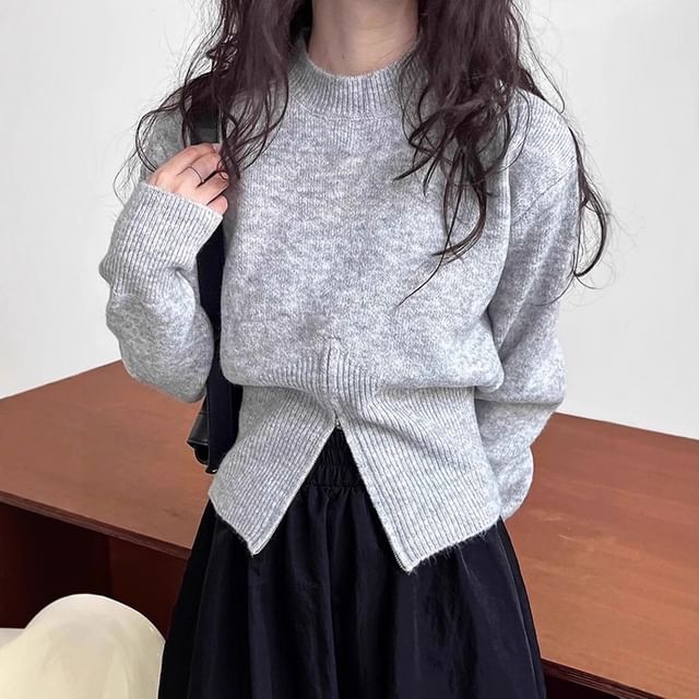 Striinkie-Mock Neck Plain Zip Slit Sweater