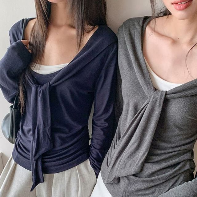 Striinkie-Mock Two-Piece Long-Sleeve Plain Crop Top