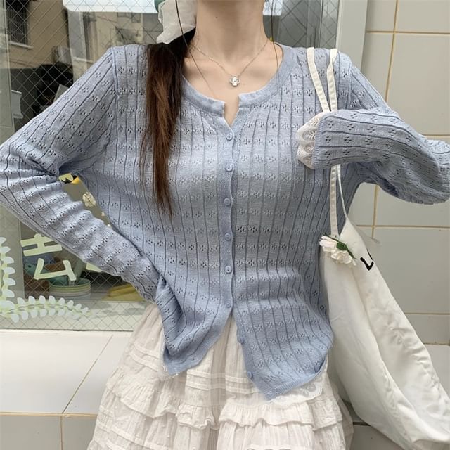 Striinkie-Notch Neck Plain Pointelle Cardigan