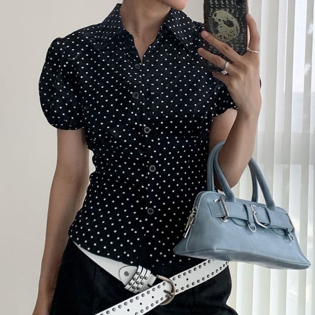Striinkie-Puff Short-Sleeve Collared Dotted Button Up Shirt