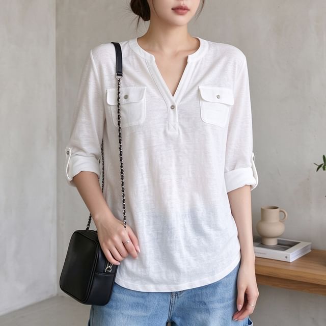 Striinkie-Rolled Sleeve Collarless V-Neck Pocketed Plain Top