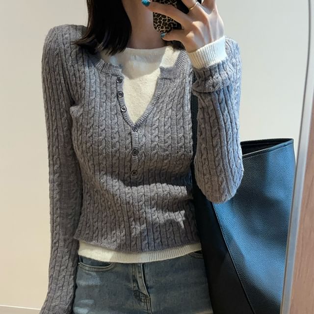 Striinkie-Round Neck Mock Two Piece Button Cable Knit Sweater