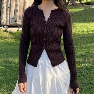 Striinkie-Round Neck Plain Cable Knit Button Up Cardigan