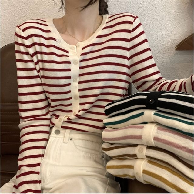 Striinkie-Round Neck Striped Cardigan