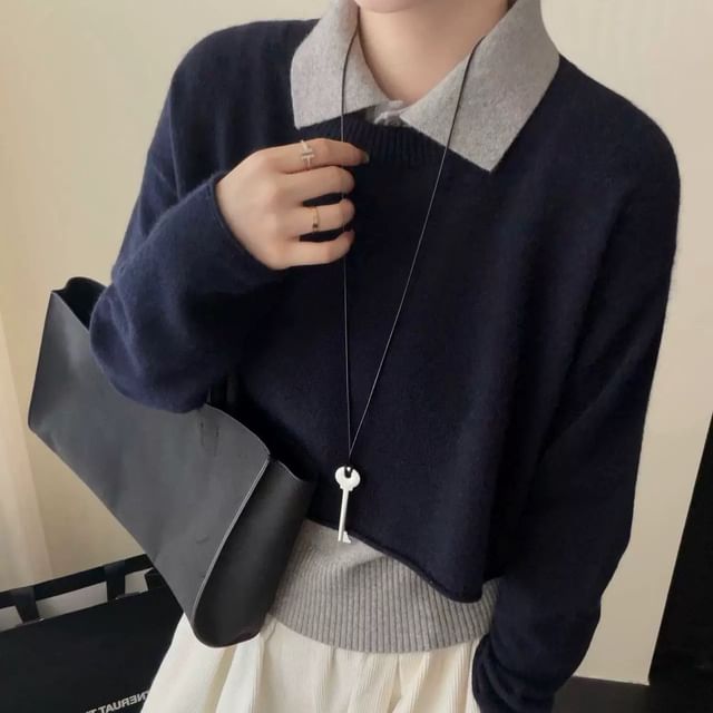Striinkie-Set Sleeveless Collared Plain Knit Top Round Neck Plain Crop Sweater