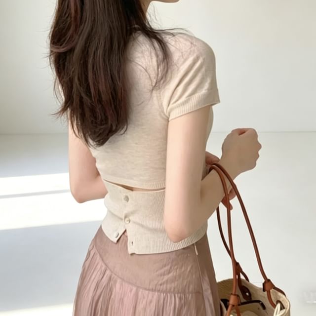 Striinkie-Short-Sleeve Button Back Plain Crop Knit Top