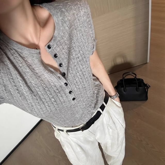 Striinkie-Short-Sleeve Half buttoned Plain Knit Top