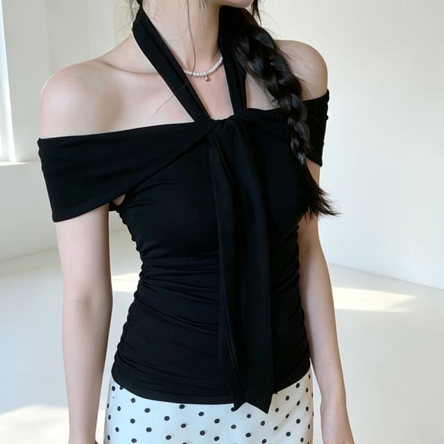 Striinkie-Short-Sleeve Halter Neck Cold Shoulder Plain Top