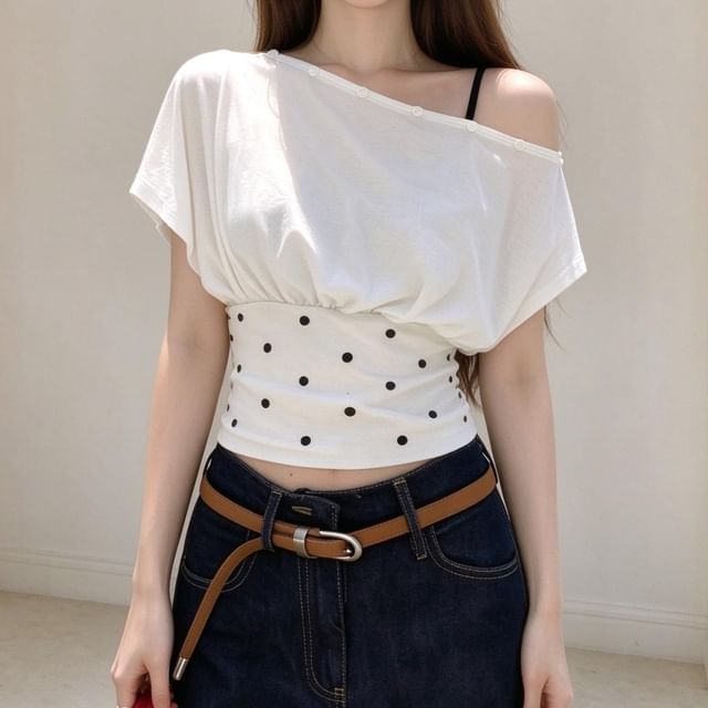 Striinkie-Short-Sleeve One Shoulder Polka Dot Panel Top