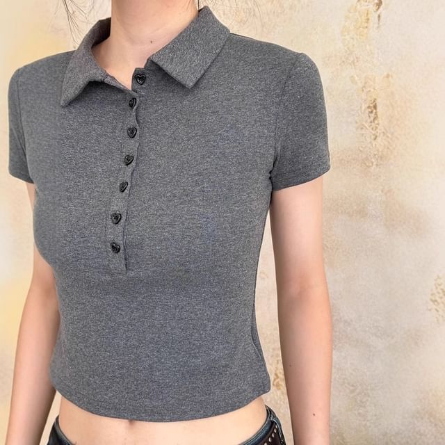 Striinkie-Short-Sleeve Plain Crop Polo Top