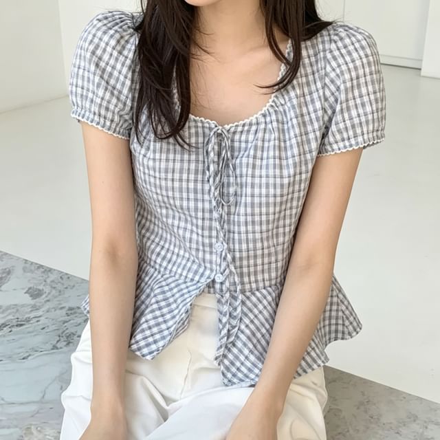 Striinkie-Short-Sleeve U-Neck Plaid Button-Up Blouse
