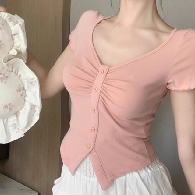 Striinkie-Short-Sleeve V-Neck Button-Up Plain Top