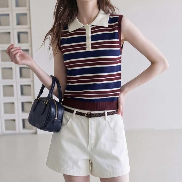 Striinkie-Sleeveless col Striped Knit Top