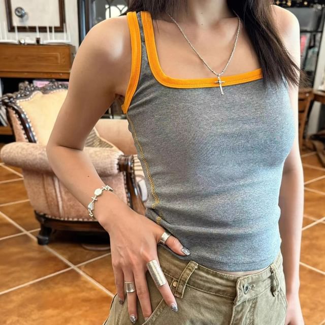 Striinkie-Square Neck Two Tone Tank Top