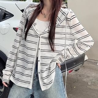 Striinkie-Striped Drawstring Hooded Button Jacket
