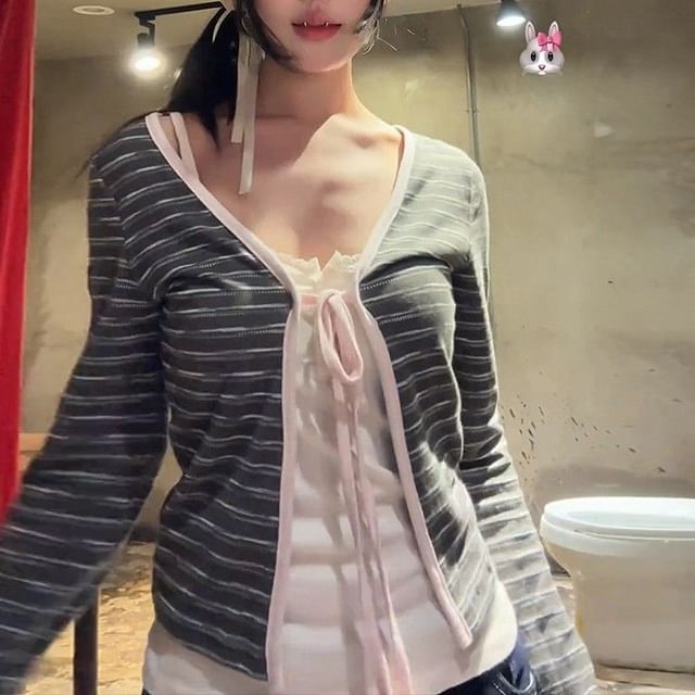 Striinkie-Striped Open Front Cardigan