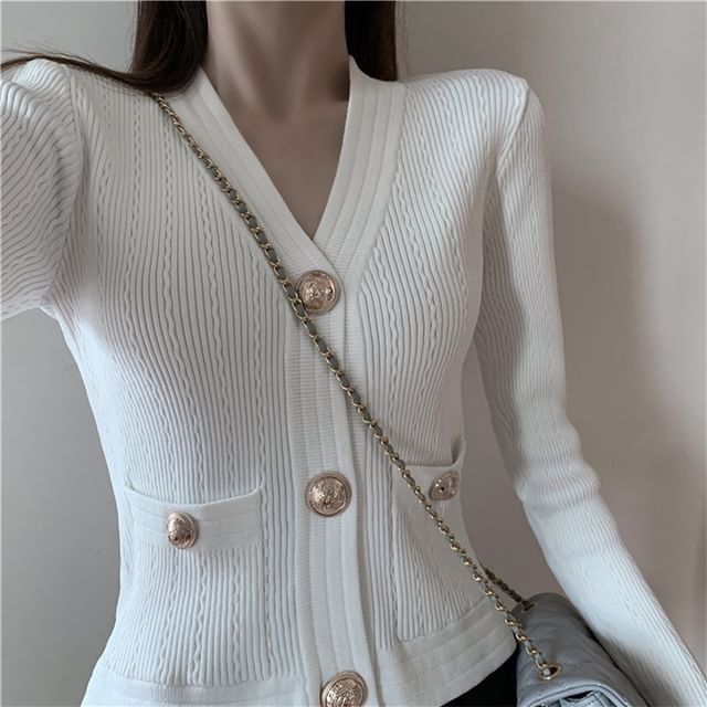 Striinkie-V-Neck Button-Up Plain Crop Cardigan