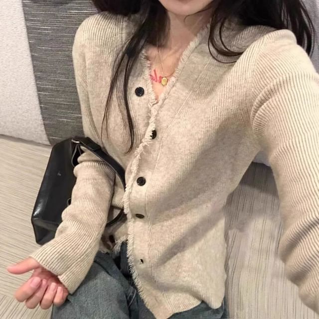 Striinkie-V-Neck Frayed Button-Up Plain Cardigan