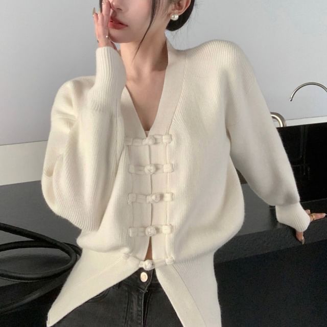 Striinkie-V-Neck Frog Buttoned Plain Cardigan