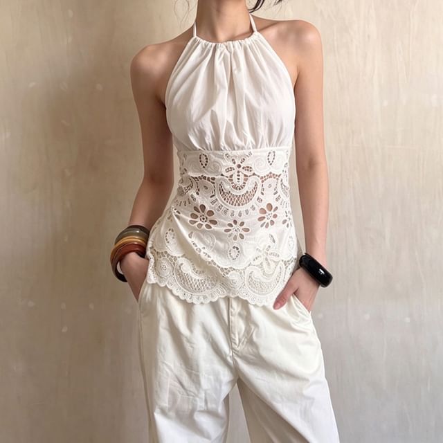 Sugarcoat-Halter Neck Lace Panel Ruched Slim Fit Top